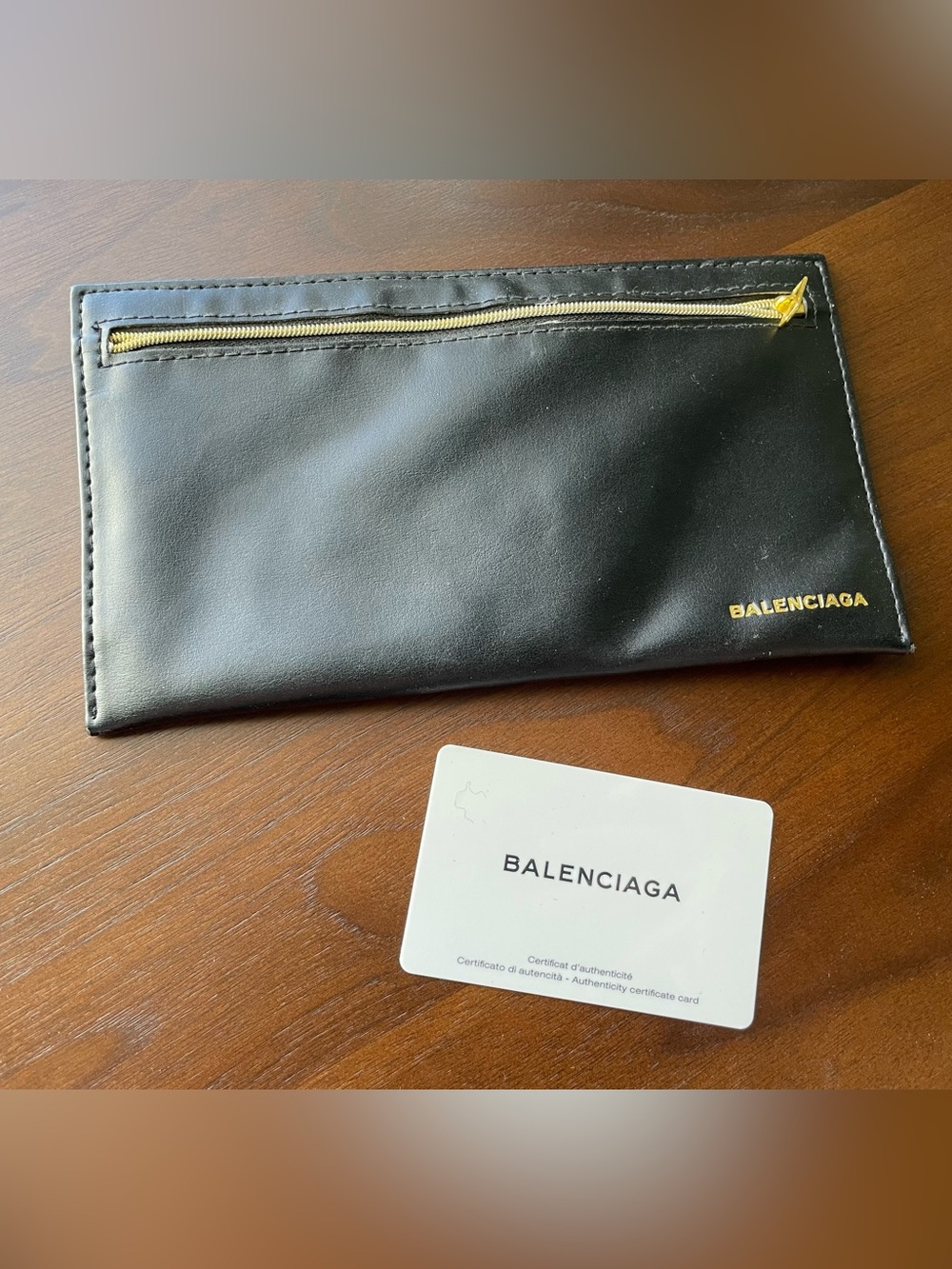 Balenciaga Black Leather Zip Pouch with Gold Logo